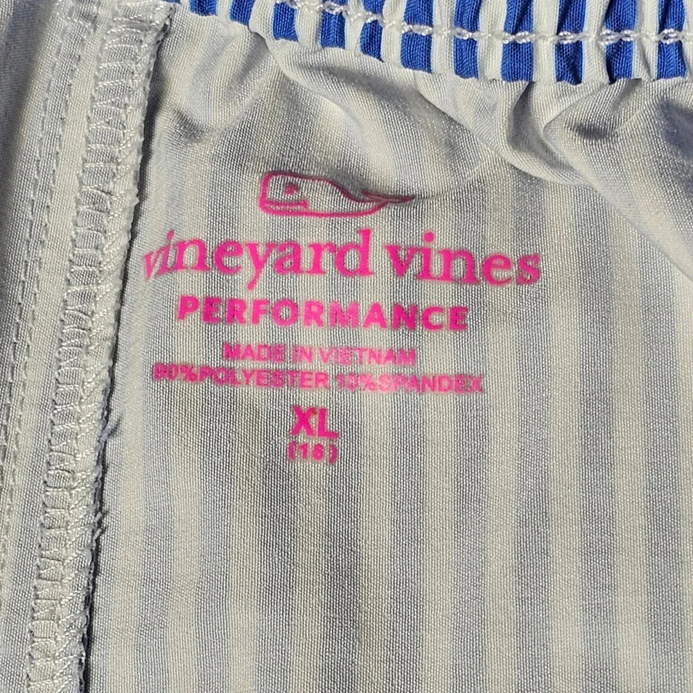 Vineyard Vines Boys Swim Trunks XL 18 Blue White Stripe Performance Shorts Whale